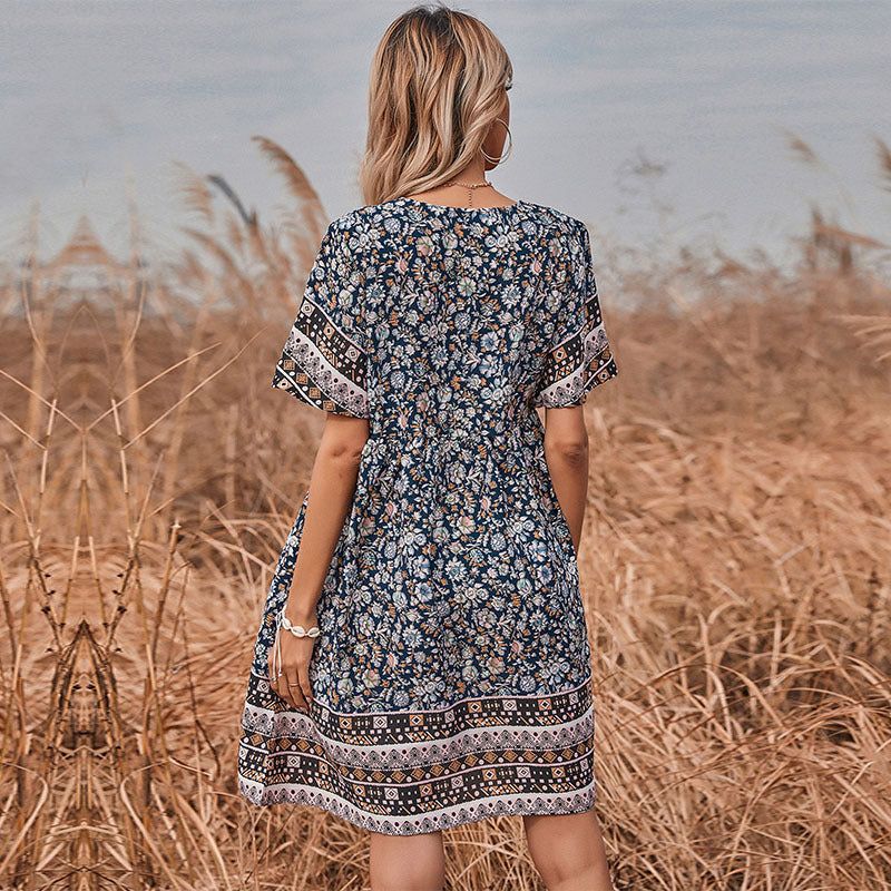 Chic Short Sleeve A-Line Floral Print Shift Dress for Women