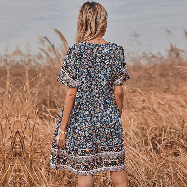 Chic Short Sleeve A-Line Floral Print Shift Dress for Women