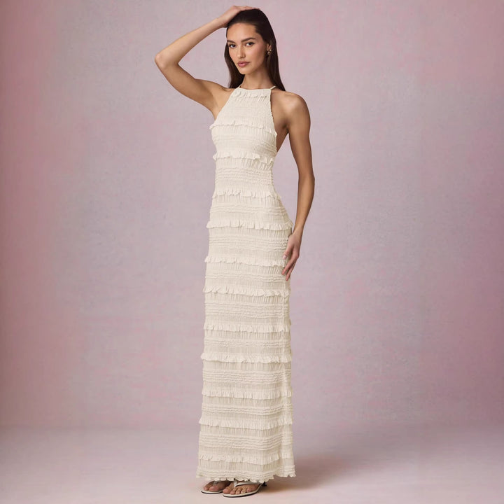Ladies Maxi Dress with fringed design and elegant halterneck Lune London