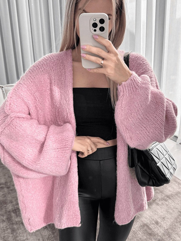 Women's Oversize Knit Cardigan with Voluminous Balloon Sleeves and Teddy-like Texture Amarae