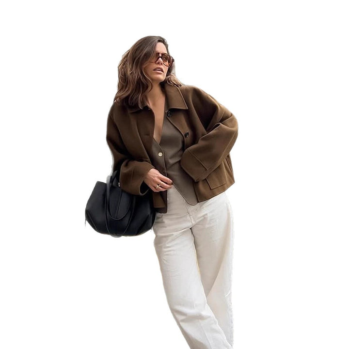 Women Short Wool Blend Blazer with Boxy Silhouette and Extra Long Sleeves Amarae