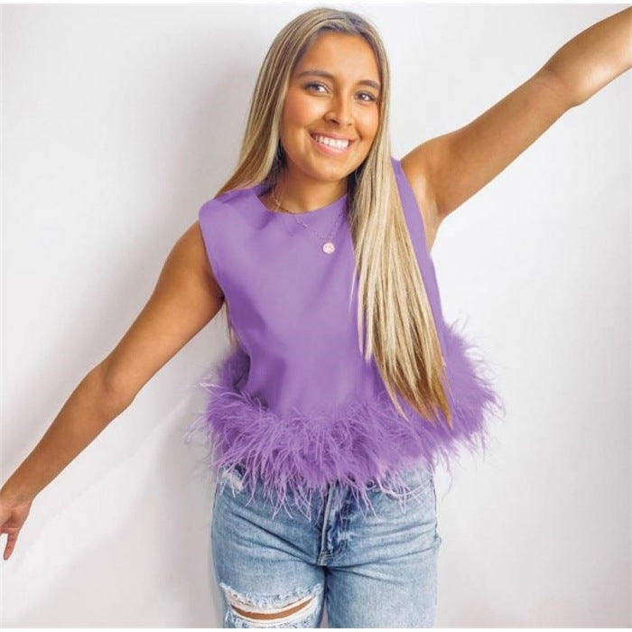 Ladies Elegant Top with Feathers and Chic Round Neck