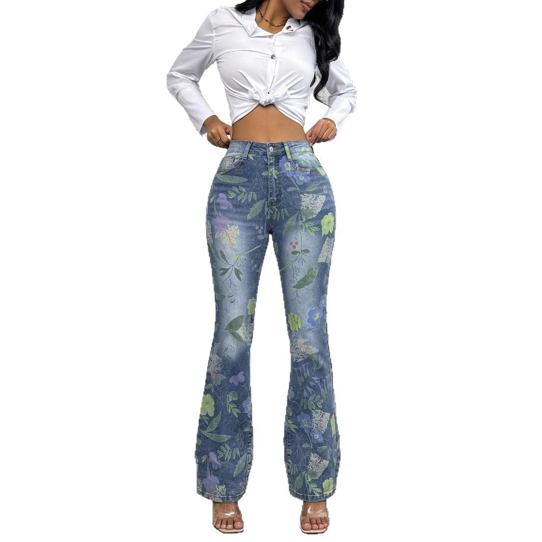 Women's High-Waisted Floral Print Denim Jeans in Light Flared-Straight Cut Amarae