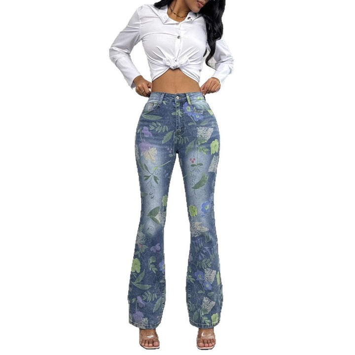Women's High-Waisted Floral Print Denim Jeans in Light Flared-Straight Cut Amarae