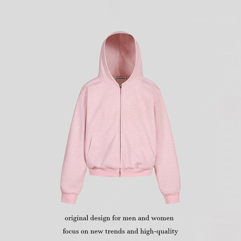 Women's short-cut hooded sweatshirt jacket with short hem, stripe texture, and zipper