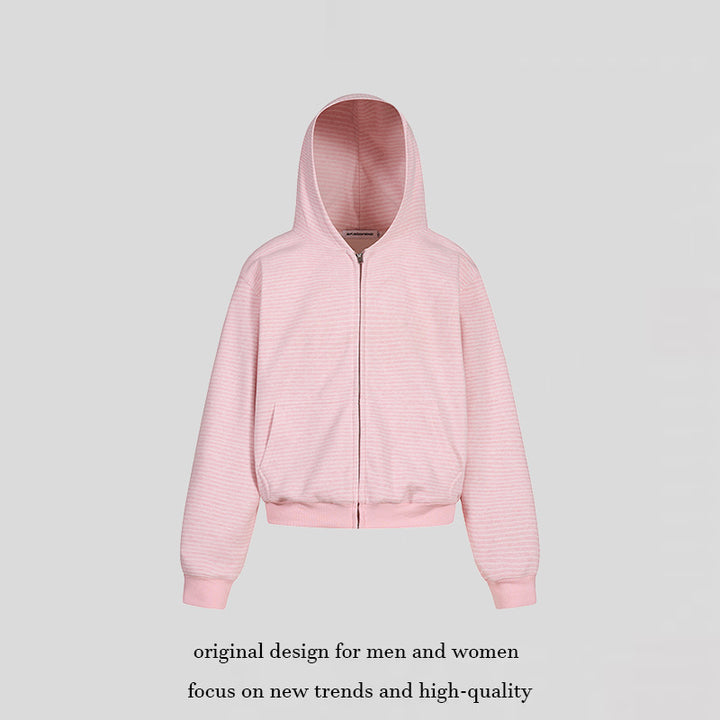 Women's short-cut hooded sweatshirt jacket with short hem, stripe texture, and zipper