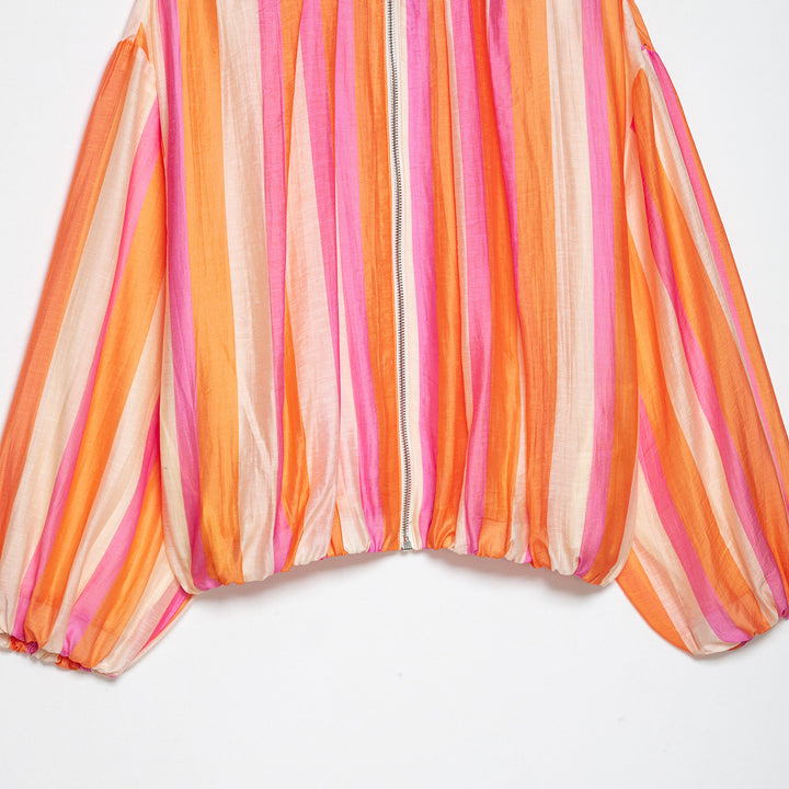 Women Striped Cropped Bomber Jacket with Balloon Sleeves Amarae
