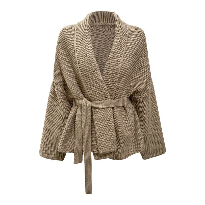 Women's chunky knit cardigan with a modern wrap design and a wide collar Lune London