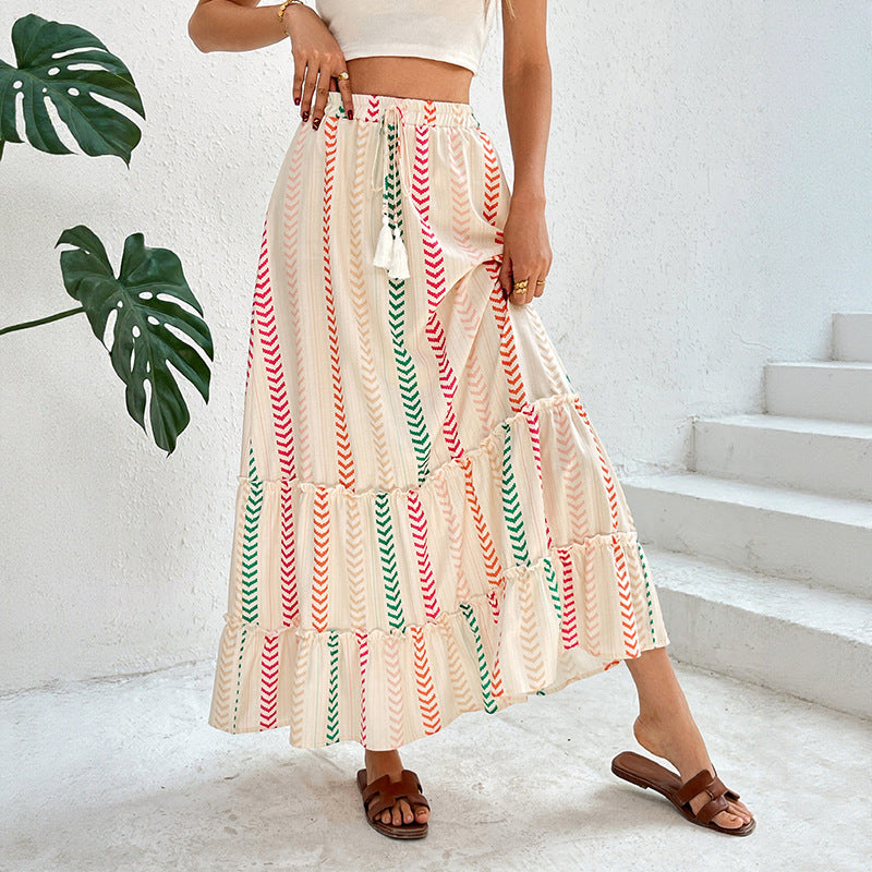 Lune London women's boho maxi skirt with adjustable waist drawstring