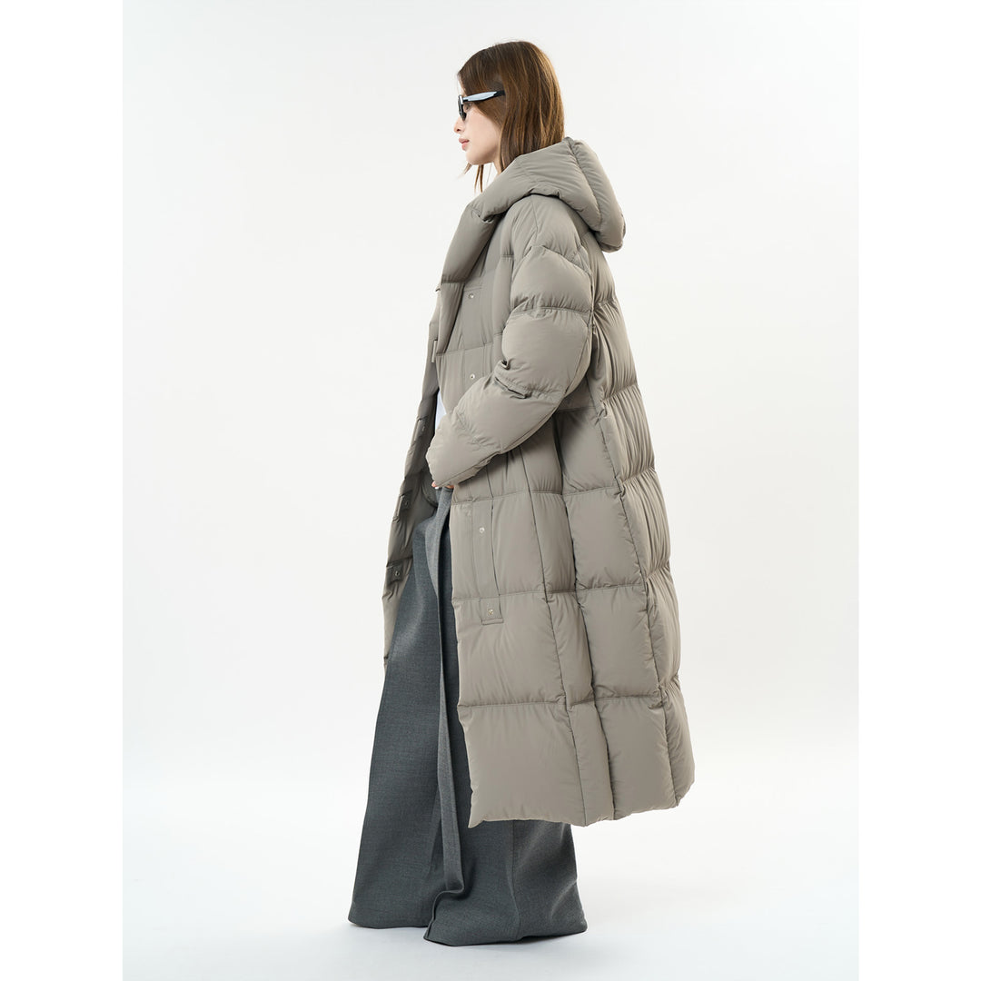 Women's Long Quilted Oversized Puffer Coat with Hood and Snap Button Placket Amarae