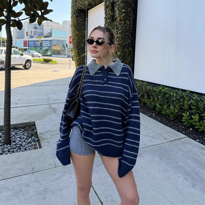 Women's Oversized Knit Sweater with Polo Collar & Stripe Pattern Amarae