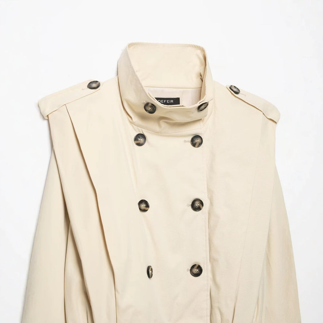 Women's Cropped Trench Coat in Cape Look with Double-Breasted Button Placket and High Stand Collar Amarae