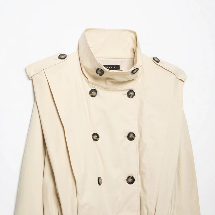 Women's Cropped Trench Coat in Cape Look with Double-Breasted Button Placket and High Stand Collar Amarae