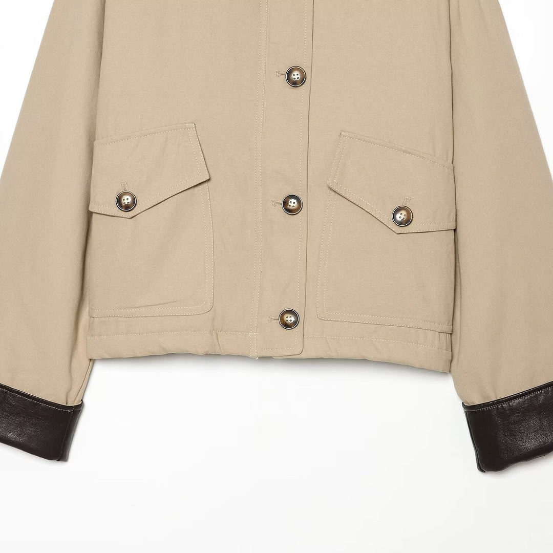 Women's Short Jacket with Contrasted Leather Collar and Cuffed Sleeves Amarae