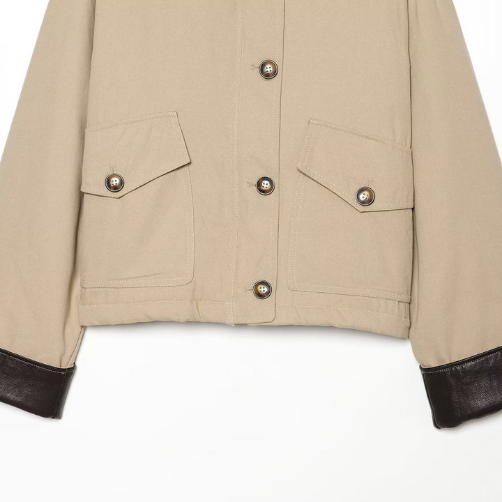 Women's Short Jacket with Contrasted Leather Collar and Cuffed Sleeves Amarae