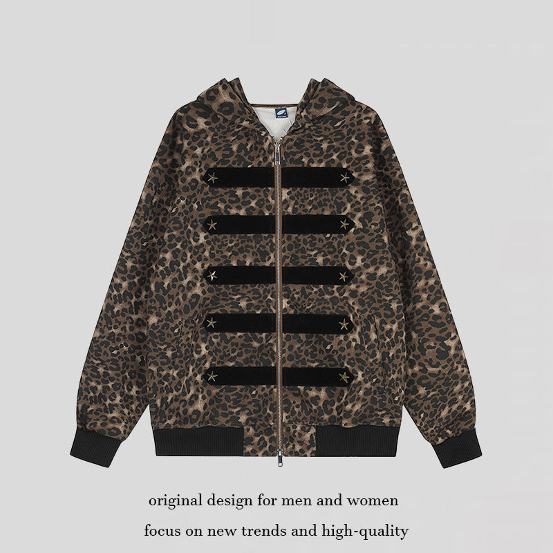 Women's hooded sweat jacket with leopard pattern, velour stripes and star studs Amarae