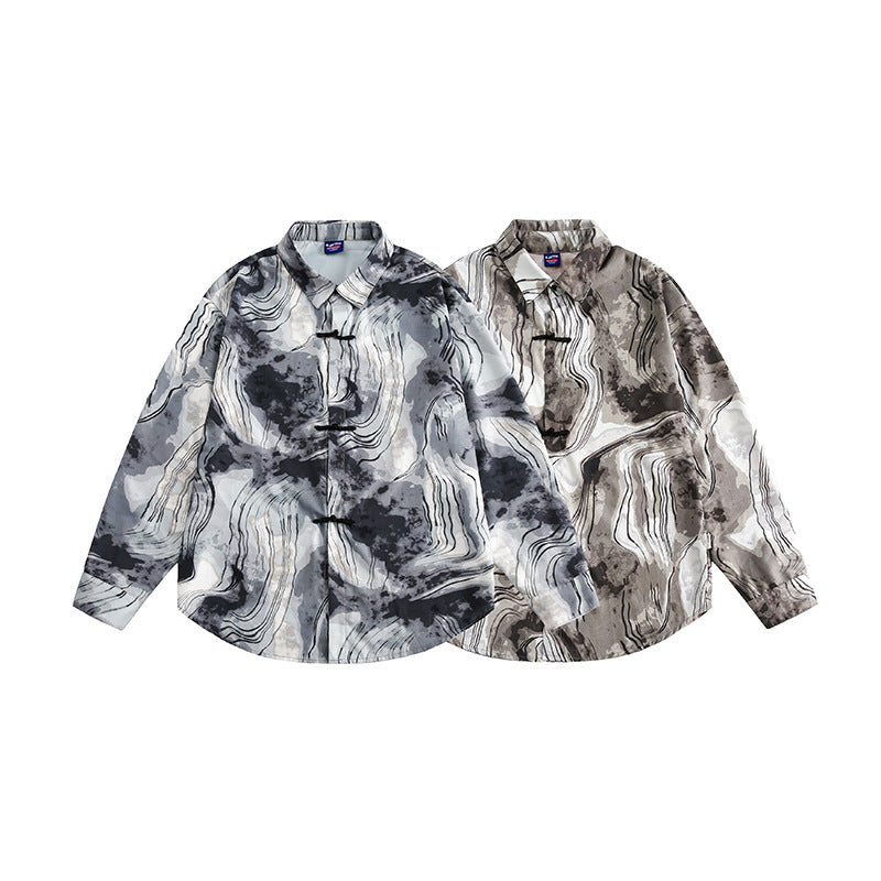 Unisex Boxy Overshirt Jacket with Marble Print and Traditional Toggle Closure Look Amarae