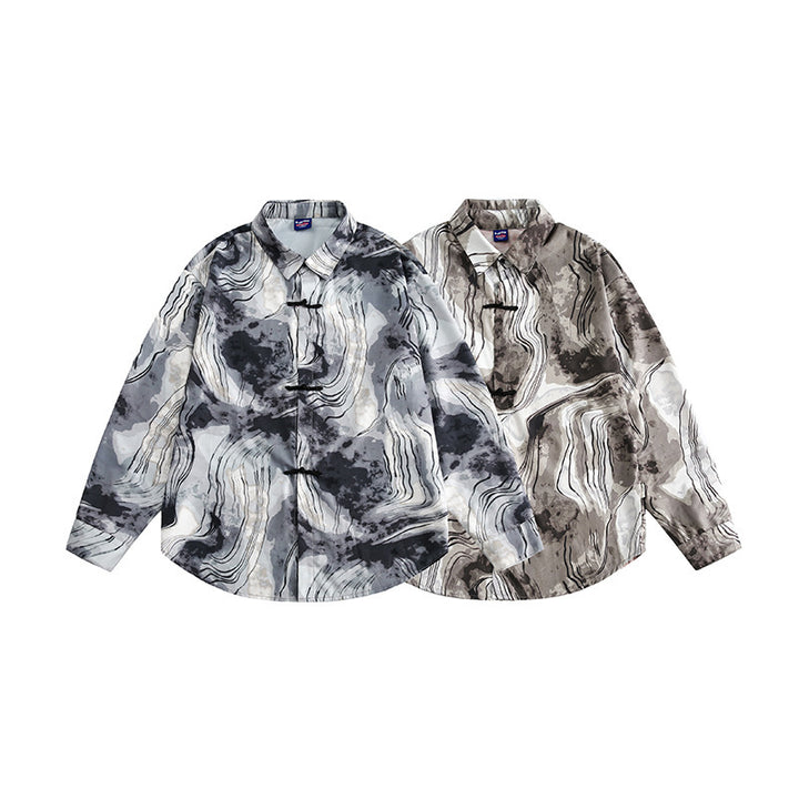 Unisex Boxy Overshirt Jacket with Marble Print and Traditional Toggle Closure Look Amarae