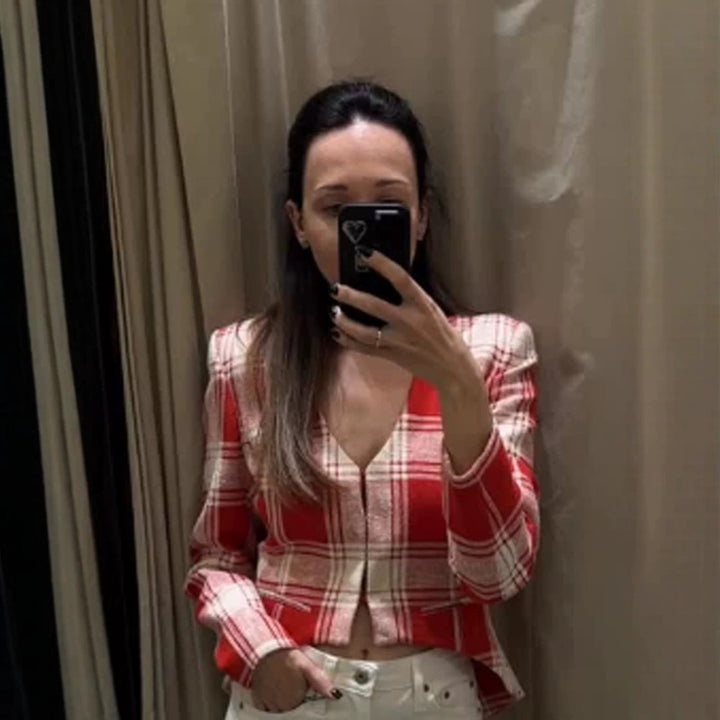 Women's Short Cut Tailored Check Blazer with Deep V-Neck and Flap Pockets Amarae