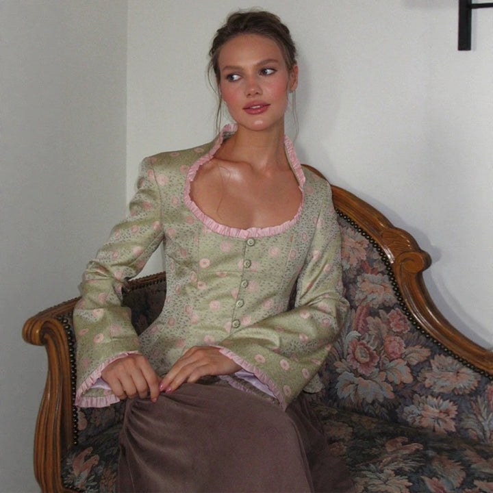 Women's Short-Cut Brocade Bustier with Corset Silhouette, Heart-Shaped Neckline & Decorative Button Placket Amarae
