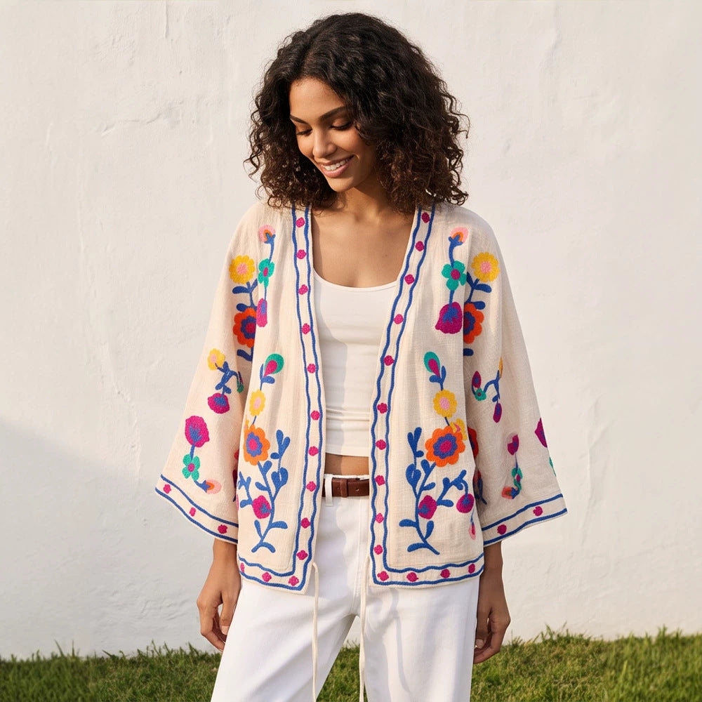 Women embroidered linen wrap jacket with folkloric flower appliqués Amarae