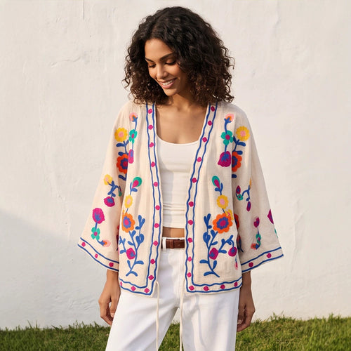 Women embroidered linen wrap jacket with folkloric flower appliqués Amarae