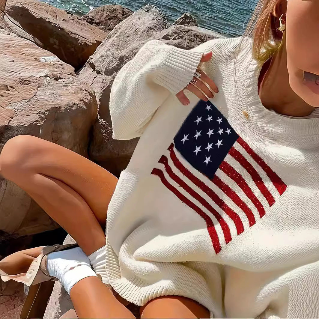 Women's Knitted Sweater with American Flag Motif Lune London