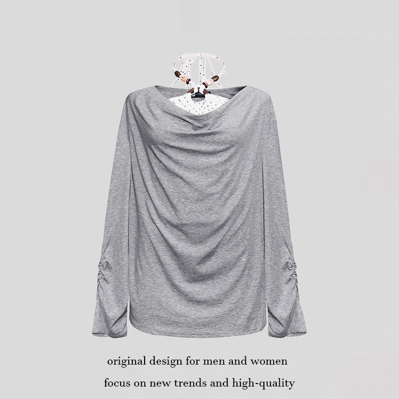 Women Long Draped Long Sleeve Shirt with Waterfall Collar and Gathered Sleeves Amarae
