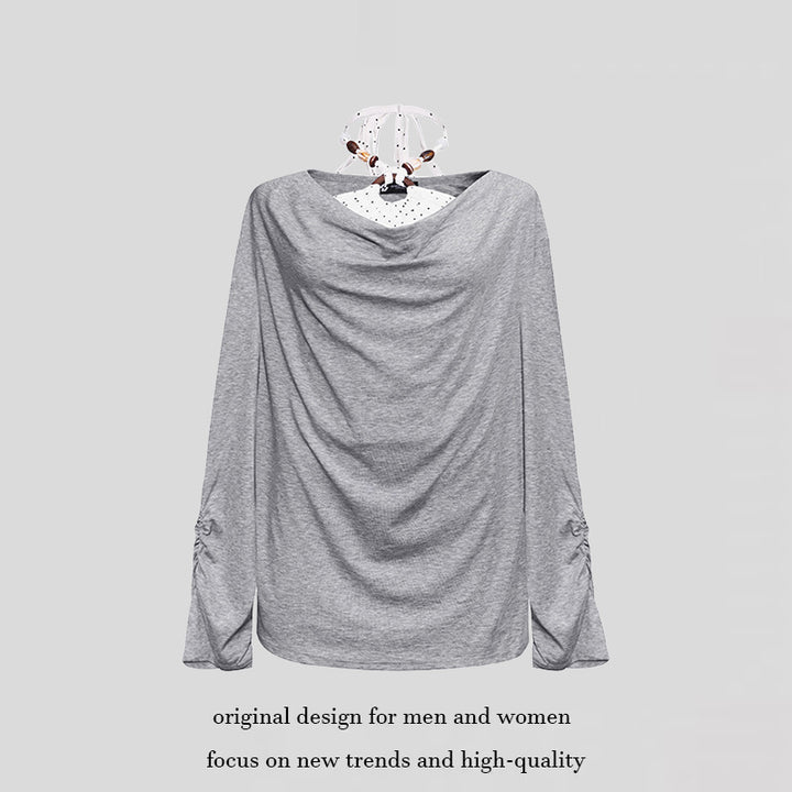 Women Long Draped Long Sleeve Shirt with Waterfall Collar and Gathered Sleeves Amarae