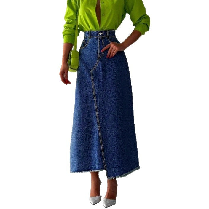 Ladies High-Waisted Maxi Denim Skirt with Asymmetrical Front Seam and Frayed Hem Amarae