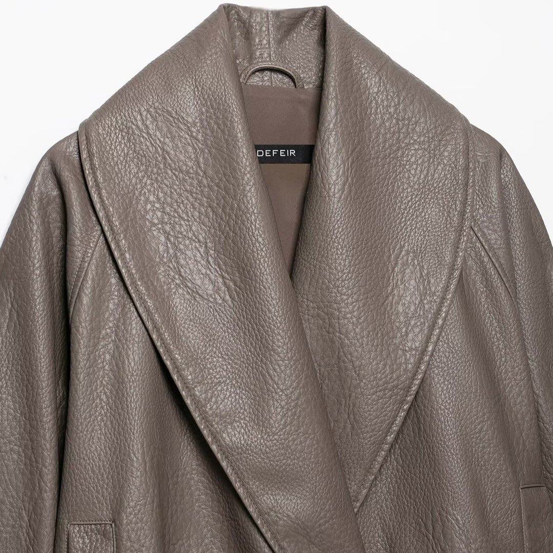 Women's Short Tailored Leather-Look Jacket with Oversized Shawl Collar and Gathered Hem Amarae