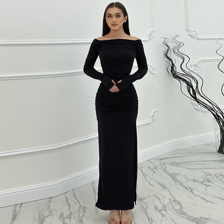 Maxi fitted dress for ladies with gathers and elegant slit Lune London