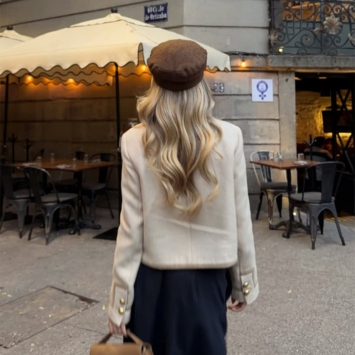 Women Short Military Inspired Jacket with Stand Collar and Decorative Button Placket Amarae