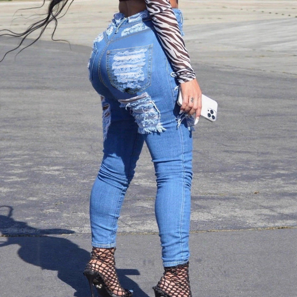 Women High-Waisted Skinny Jeans with Large Frayed Rips Amarae