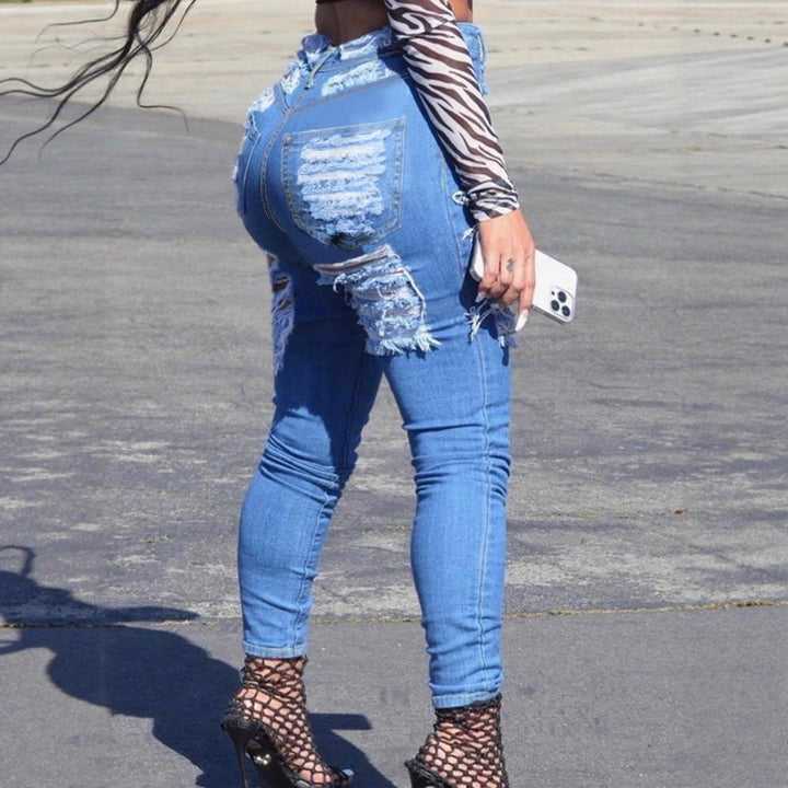 Women High-Waisted Skinny Jeans with Large Frayed Rips Amarae