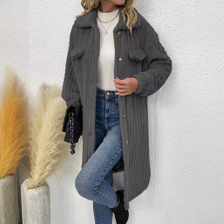 Ladies long soft coat with textured design and patch pockets Lune London