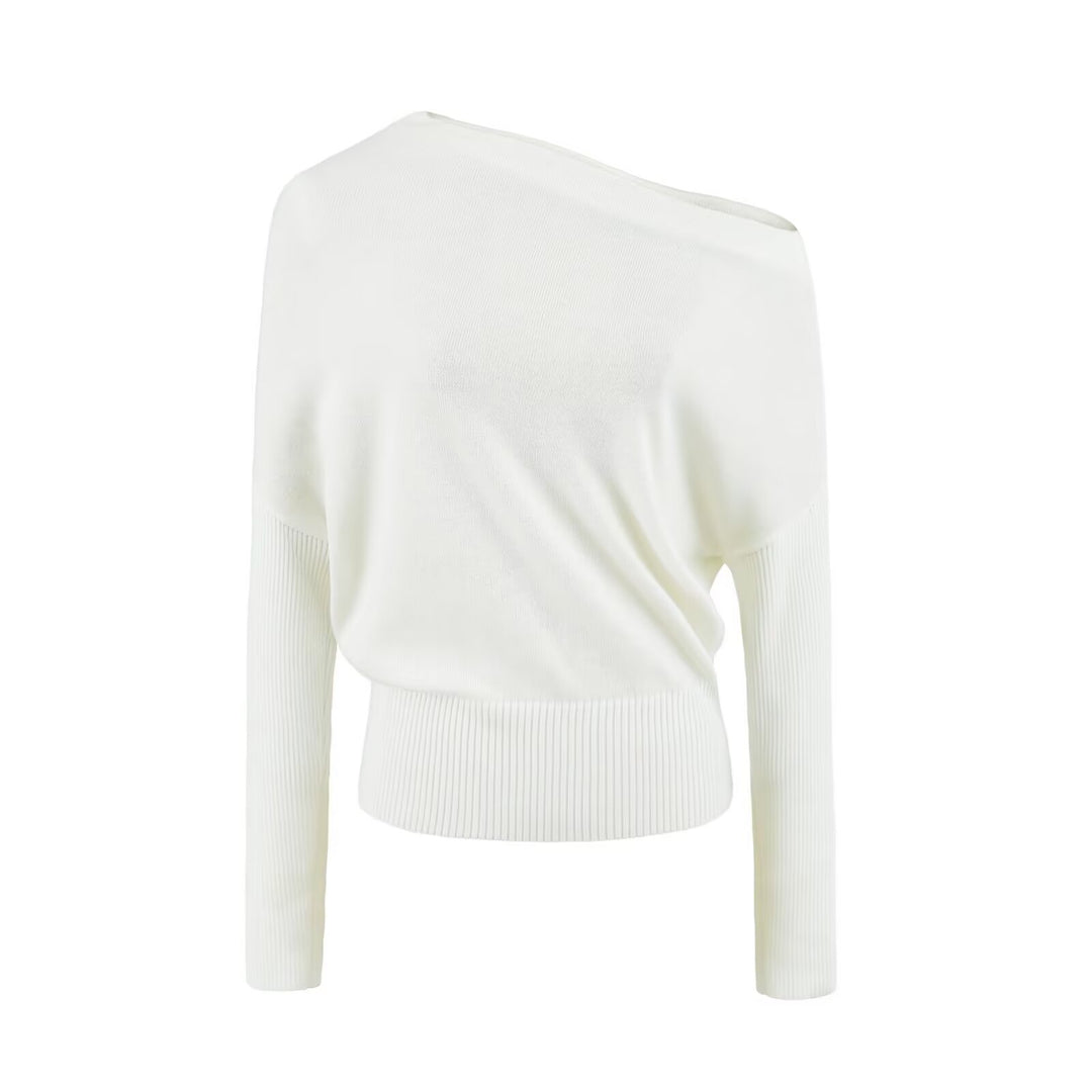 Women's Oversize One-Shoulder Pullover with Batwing Sleeves and Wide Ribbed Cuff Amarae