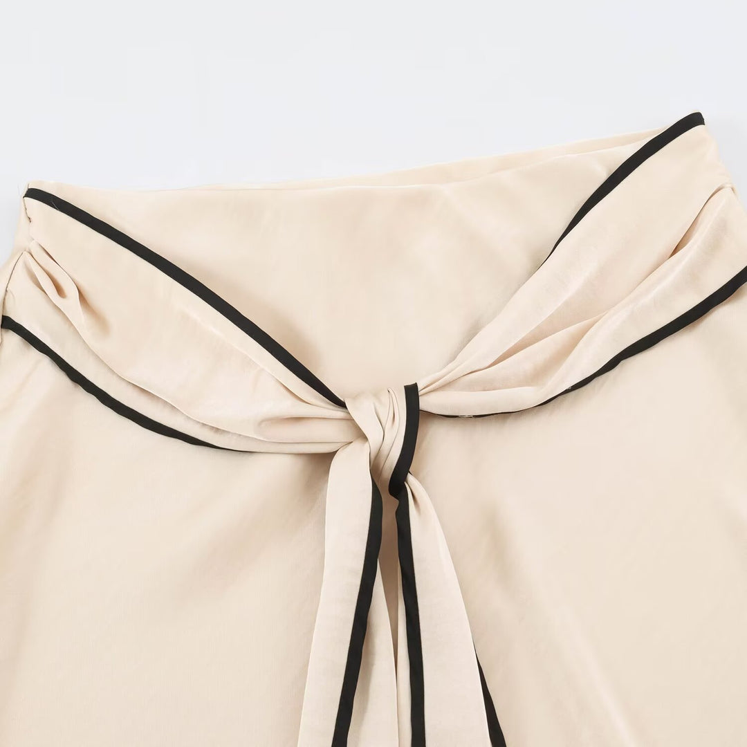 Women's Flowing Satin Midi Skirt with Knot Belt and Contrast Edge Amarae