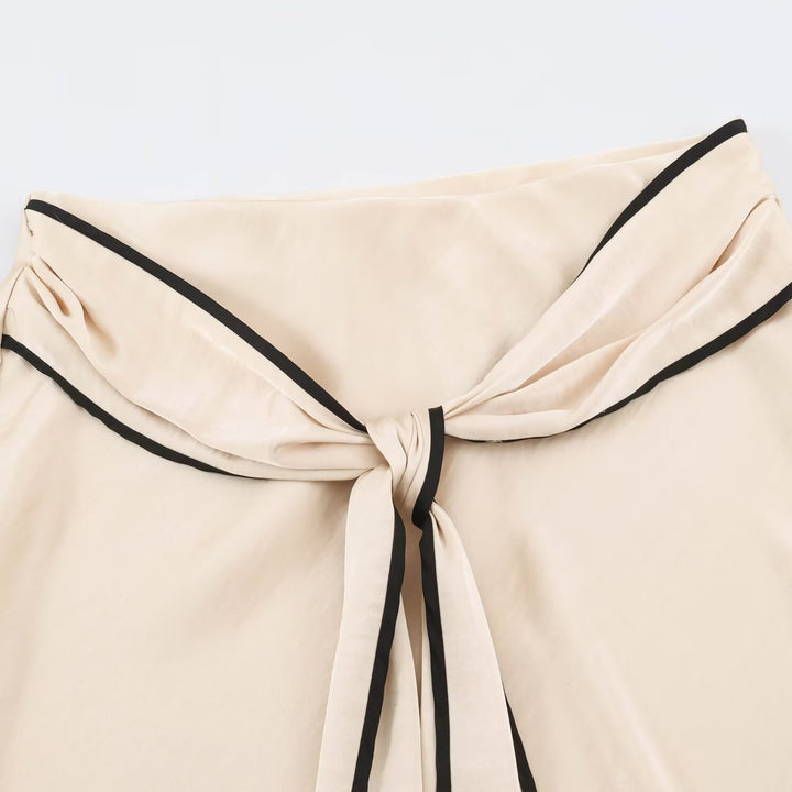 Women's Flowing Satin Midi Skirt with Knot Belt and Contrast Edge Amarae
