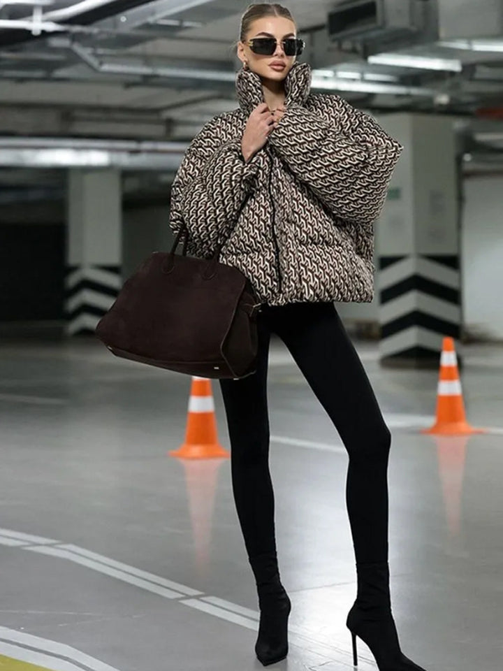 Women Short Quilted Oversized Quilted Jacket with High Shawl Collar Amarae