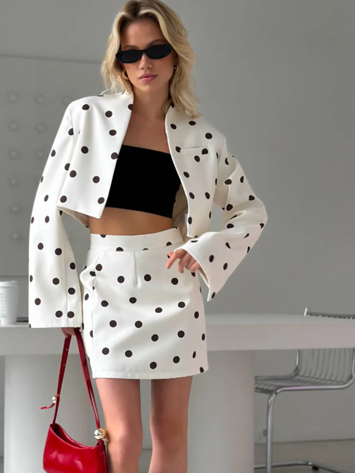 Women's Polka Dot Two-Piece Set with Cropped Blazer and High-Waist Mini Skirt Amarae