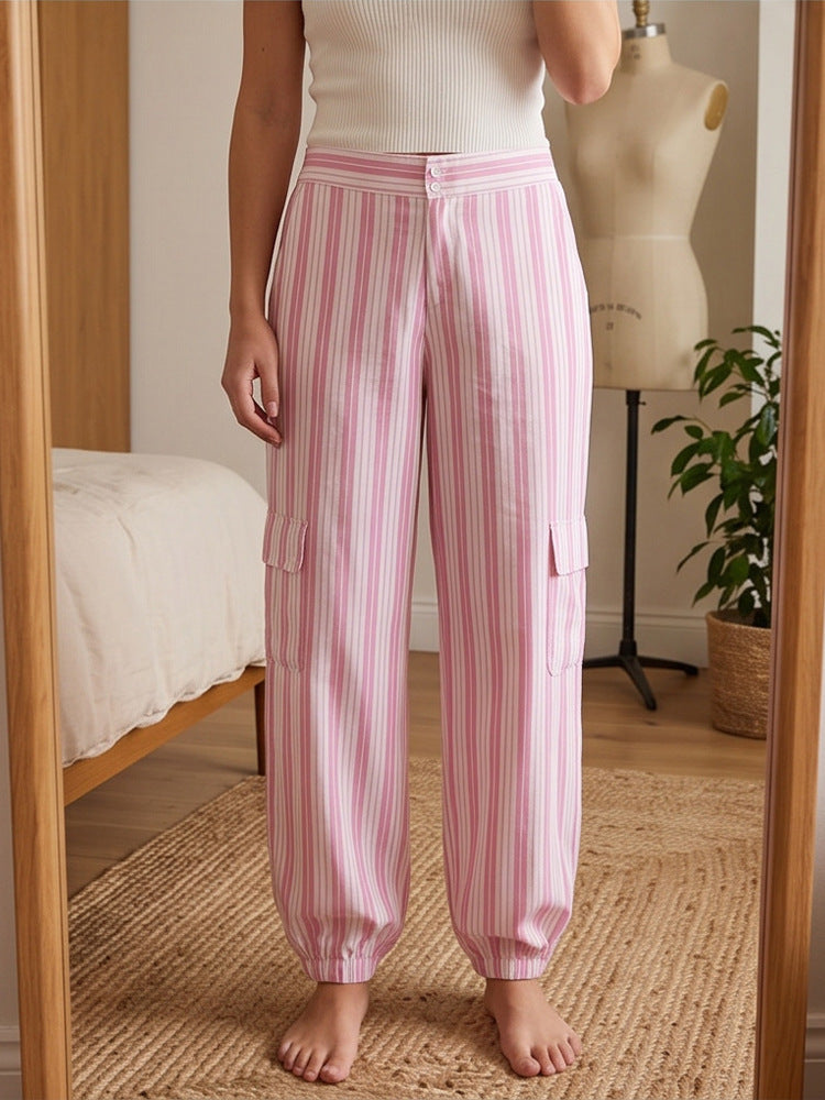 Women's Striped Cargo Lounge Pants with High Waist, Elastic Ankle Cuffs and Flap Pockets Amarae