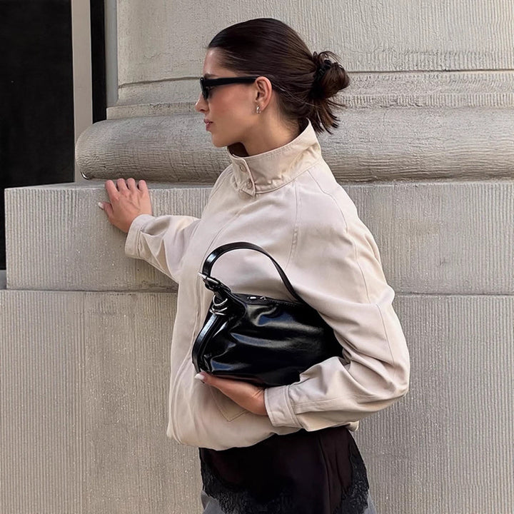 Women Lightweight Tailored Cropped Bomber with High Stand Collar and Raglan Sleeves Amarae
