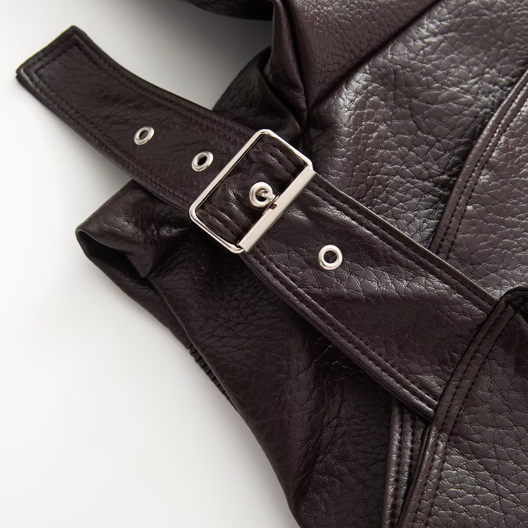 Women's Short Cut Wrap Jacket made of Leather Look with Large Shawl Collar and Waist Belt Amarae