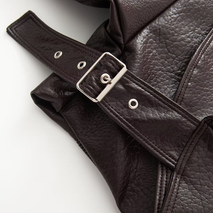 Women's Short Cut Wrap Jacket made of Leather Look with Large Shawl Collar and Waist Belt Amarae