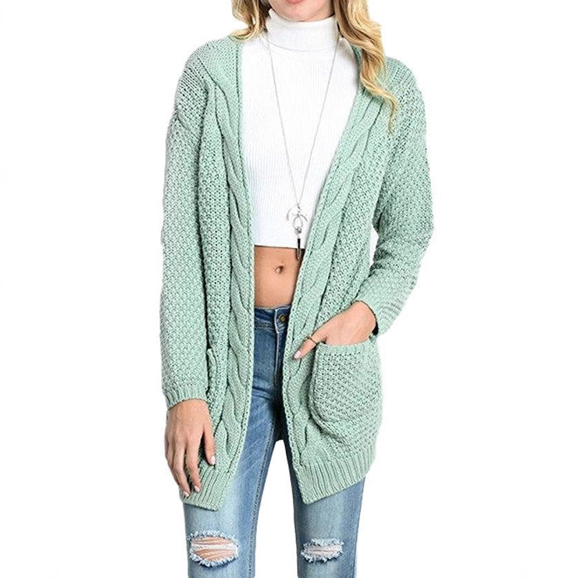 Ladies chunky cardigan with open front and practical pockets Lune London