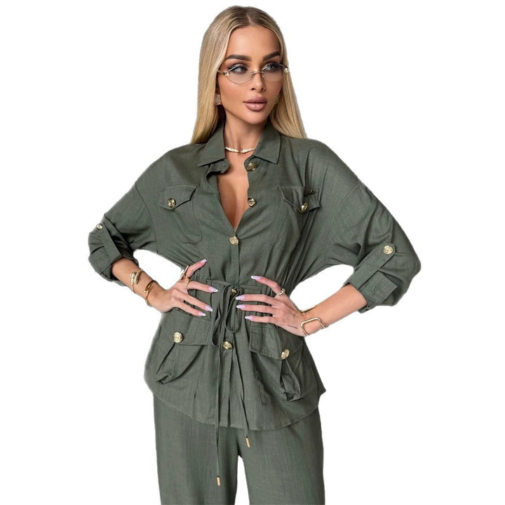 Women's Linen Look Utility Shirt Jacket with Drawstring Waist and Golden Decorative Buttons Amarae