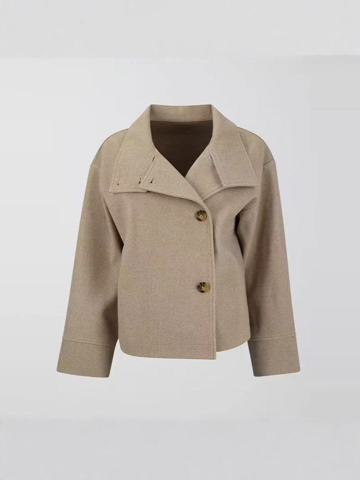 Women's short cut boxy jacket with stand-up collar and asymmetrical button placket Amarae