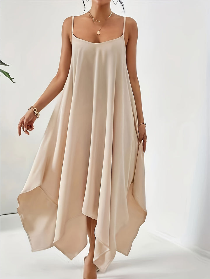 Airy spaghetti strap dress for women with asymmetrical hem and soft fabric Lune London