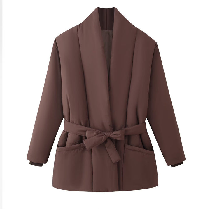 Ladies Quilted Short Jacket with Shawl Collar and Waist Belt Amarae